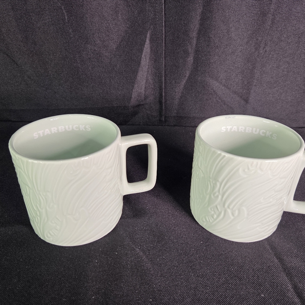 NWT (2) 2022 Starbucks 14oz Mint Green Embossed Coffee Mugs